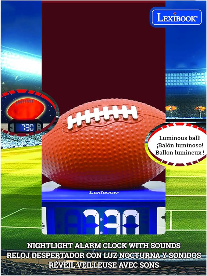 LEXiBOOK, American Football - Night Light Alarm Clock, Sounds and Melodies, Backlit LCD Screen, Luminescent, Snooze, Orange/Blue, RL800SO