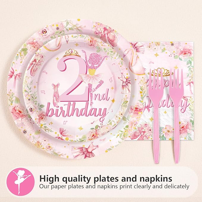 96Pcs Ballerina 2nd Birthday Party Supplies Pink Ballet Tutu Cute Birthday Plates and Napkins Tableware Set Ballerina Fairy Party Decorations for Girls Dancer Dancing Two Years Old Favors Serves 24 ﻿
