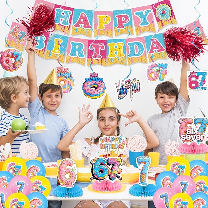 6 7 Birthday Decorations Funny 6 7 Happy Birthday Banner Six Seven Theme Party Supplies Blue Pink Birthday Party Decor for Kids Teens Adults Table centerpiece Decorations