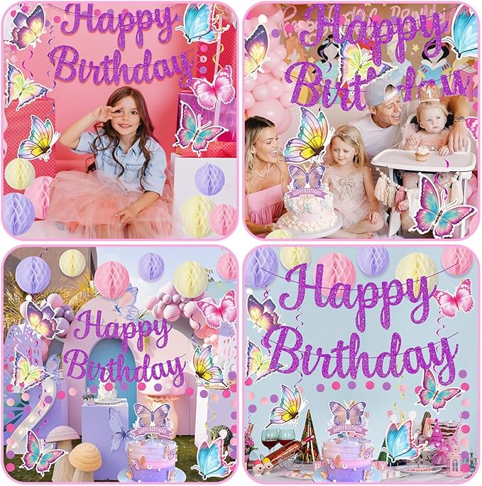 Birthday Decorations Set, Butterfly Happy Birthday Banner Party Supplies with Happy Birthday Banner, Honeycomb Balls, Butterfly Hanging Swirls for Girls Birthday