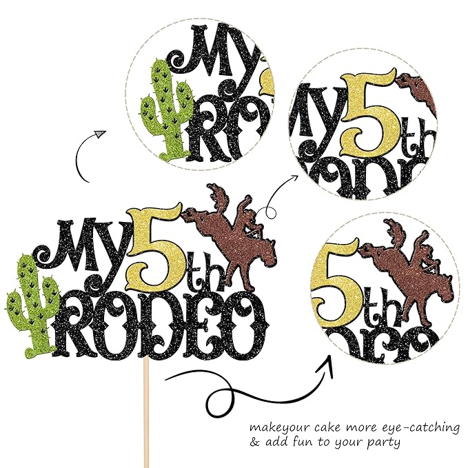 1 PCS My 5th Rodeo Cake Topper Brown Glitter Cactus Five Birthday Cake Pick Decoration for Western Little Cowboy Theme Baby Shower Kids 5th Birthday Party Cake Decorations Supplies