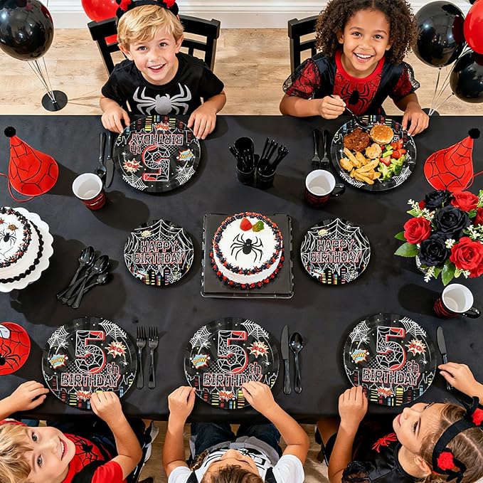 96Pcs Spider 5th Birthday Decorations for Boys Super Theme Hero 5th Birthday Plates and Napkins Black Red Spider Five Years Old Decoration Favors for Kids 5 Year Old Party Supplies Serves 24