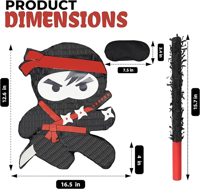 Ninja Pinatas Bundle with a Blindfold and Bat (16.5x12.6x4 Inches), Perfect for Birthday Parties, Theme Parties for boys, Decorations