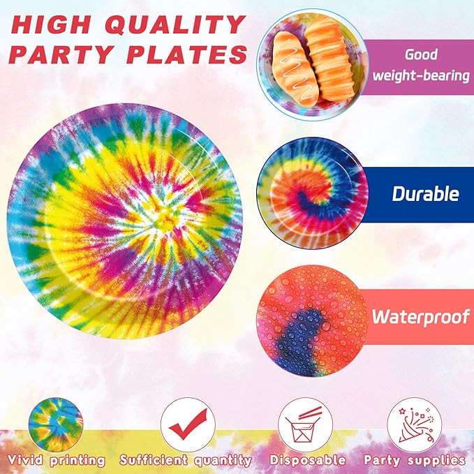 72PCS Tie Dye Birthday Plates Tie Dye Party Decorations Colorful Tableware Rainbow Plates Disposable Paper Plate Dessert Plates for Boys Girls Kids New Year Holiday Favors 6.7 * 6.7inch