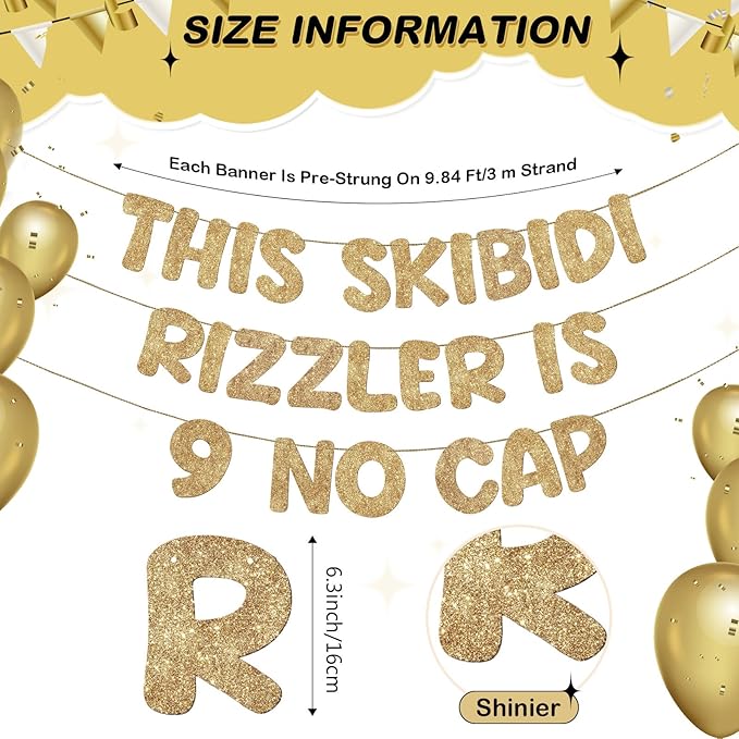 Fulmoon Pre Strung This Skibidi Rizzler Is 9 No Cap Glitter Banner 9th Birthday Party Decorations, Funny Birthday Sign, Party Supplies, Ideas, Gifts, Champagne Gold