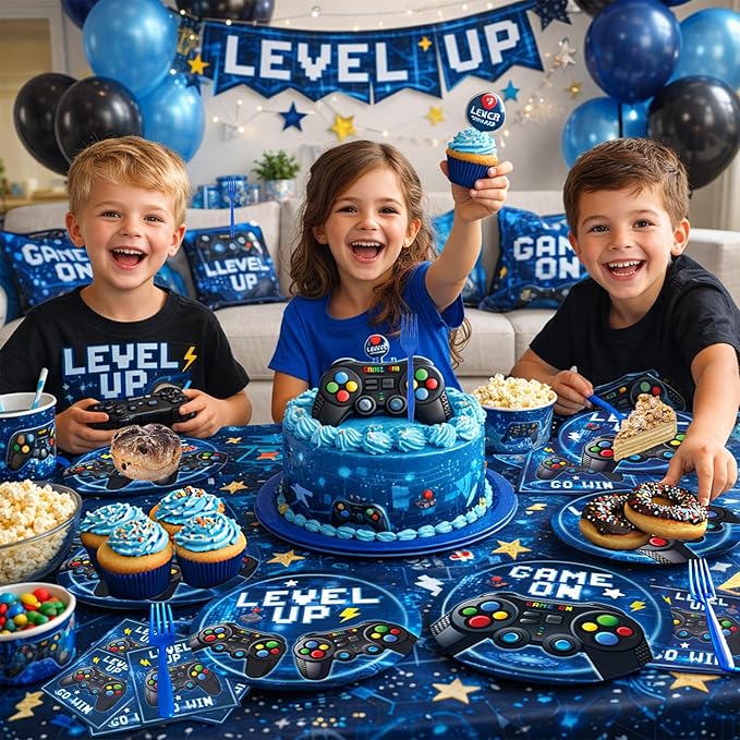 96 Pcs Video Game Plates and Napkins Tableware Set (Serve 24), Video Game Birthday Party Decorations, Party Supplies Include Plates Napkins Plastic Forks for Party (Blue)