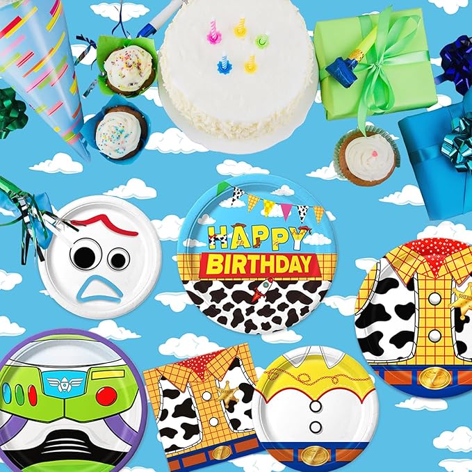 90Pcs Cartoon Birthday Party Supplies Cartoon Plates Napkins Tableware for Toy Theme Birthday Decor for 30 Guests