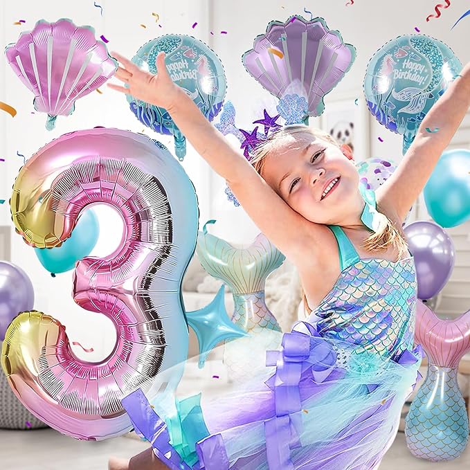 Mermaid Birthday Decorations 40 Inch Giant 3 Years Old Foil Balloons Kit for Girls Under The Sea Theme Party 21Pcs Balloons for Birthday Anniversary Baby Shower Party Decorations Supplies
