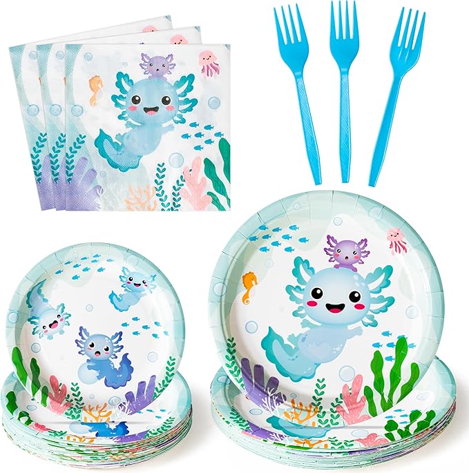 96Pcs Blue Axolotl Cute Cartoon Animals Party Plates Supplies Tableware Decorations Disposable Paper Plates Napkins Forks for Kids Birthday Baby Shower, Serves 24