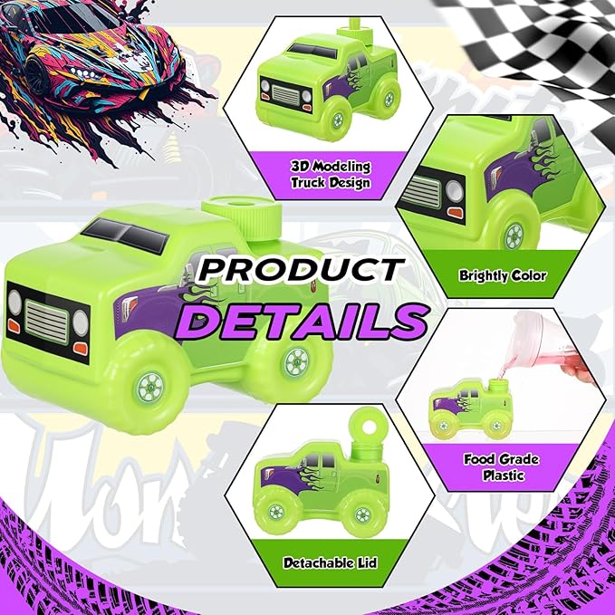 Tanlade 24 Set Green and Purple Monster Truck Road Cups with Straws, Plastic Vehicle off Road Drink Cup Reusable Truck Cups Bulk Race Car Birthday Party Favor Supplies for Racing Party Supplies