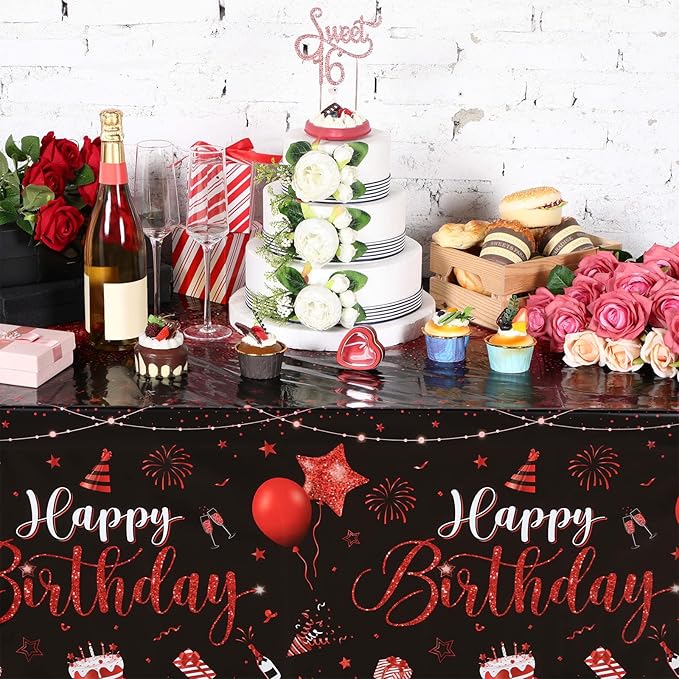 Tudomro 3 Pcs Happy Birthday Tablecloths Happy Birthday Party Decorations Plastic Table Cover Rectangular Cloths for Women Men Baby Shower Party Supplies, 108 x 54 Inch (Black Red)