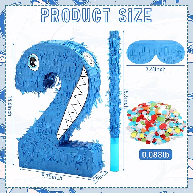 Blue Number 2 Piñata Shark Cartoon Party Decoration Summer Ocean Themed Piñata with Blindfold Bat and Round Confetti Shark 2nd Birthday Decor for Celebration Supply