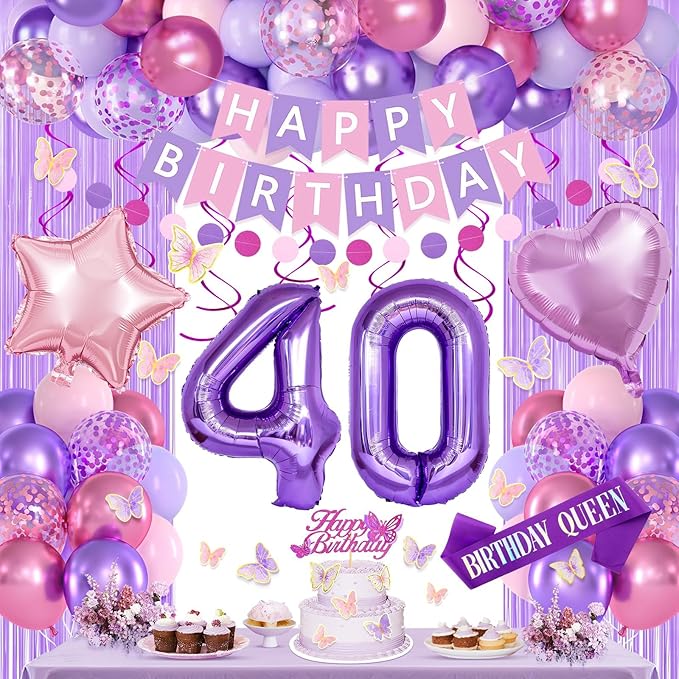 40th Purple Birthday Decorations for Women, Pink and Purple Happy 40 Birthday Party Decorations with Happy Birthday Banner, Number Foil Balloons, Butterfly Cake Topper for 40th Party Supplies