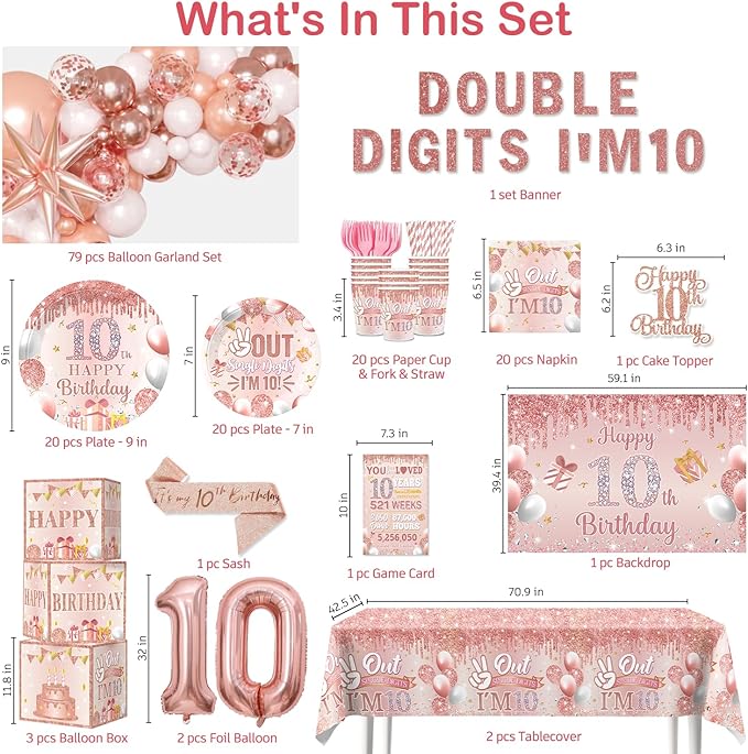 10th Birthday Decorations for Girl, Double Digits Birthday Girl 10 Years Old Double Digits I'm 10 Banner Balloons Garland Arch Backdrop Sash Plates and Napkins Set Ten Birthday Party Supplies