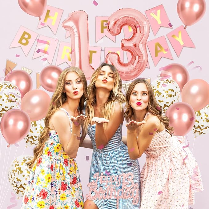 13th Birthday Decorations, Rose Gold 13 Happy Birthday Party Decorations With Gold Confetti Latex Balloons Number 13 Balloons Banner Fringe Curtain Cake Topper For Girl Woman Party Decoration