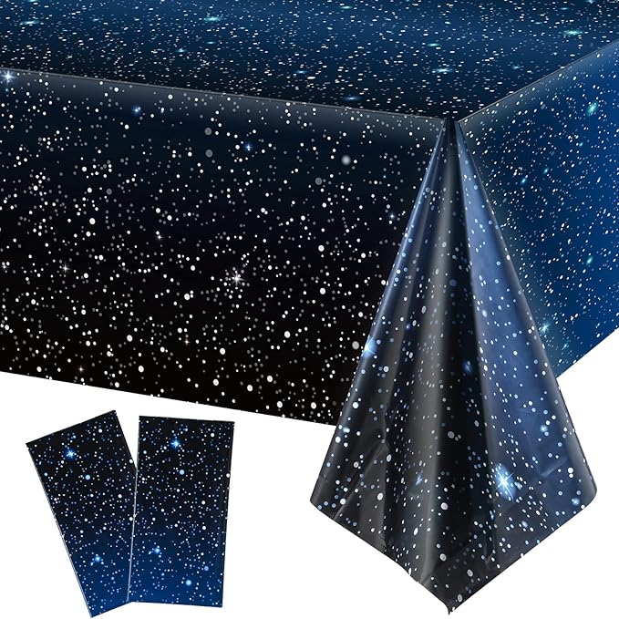 2 Pieces Space Tablecloth Starry Night Tablecloth Decorations Plastic Galaxy Table Cover Space Stars Theme Party Supplies for Birthday Home Decorations, 54 x 108 Inch