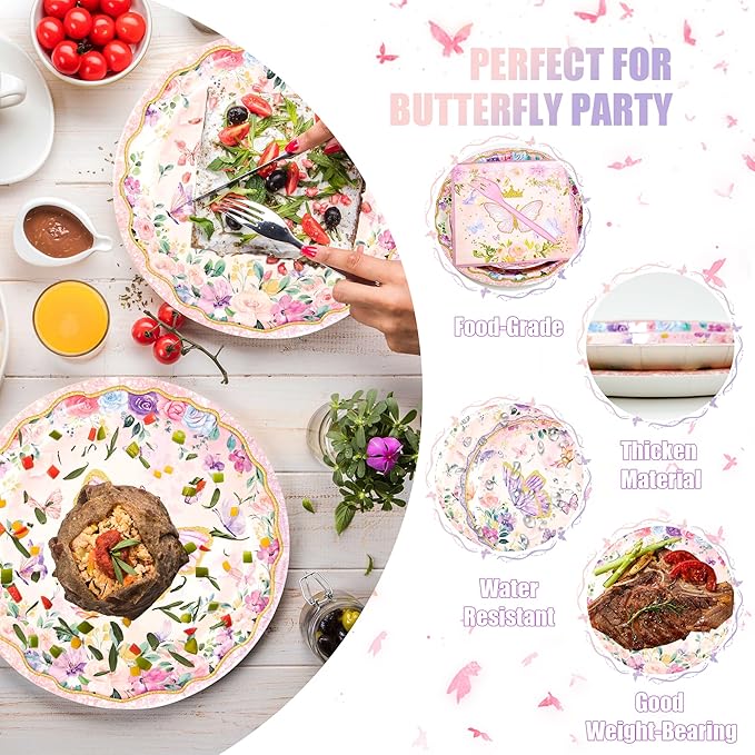 CANREVEL 96 PCS Butterfly Birthday Party Plates Serve 24, Butterfly Plates and Napkins Forks Set, Disposable Tableware for Party Supplies Decorations for Grils Kids Women