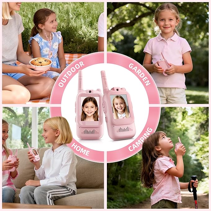 Video Walkie Talkies for Kids, Handheld 2 Pack Rechargeable Video Intercom Kids Walkies Talkies, Indoor Outdoor Toys for Family Games, Outside, Camping, Hiking for Boys Girls Ages 3-12 (Pink/Pink)