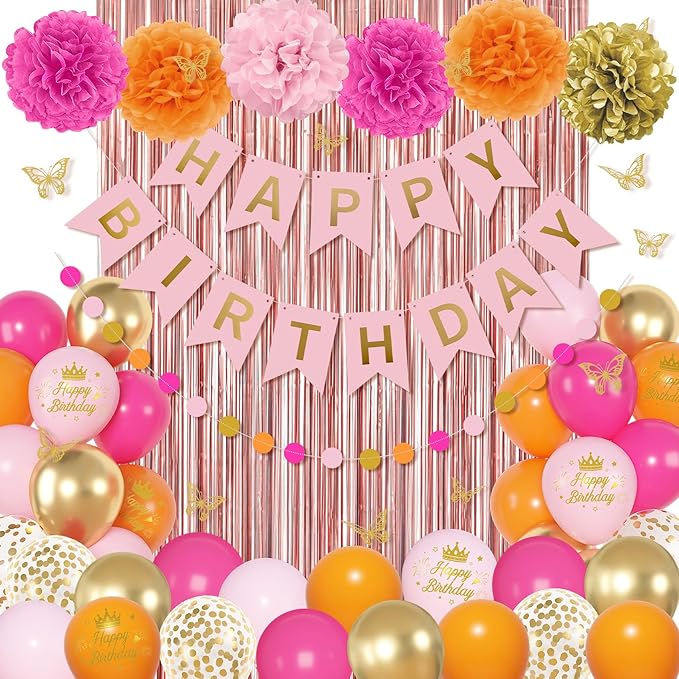 Hot Pink Orange Birthday Decorations for Women Girls, Peach Burnt Gold Metallic Confetti Printed Balloons Butterfly Stickers Fringe Curtain Happy Birthday Banner Circle Dot Paper Pompom Party Supplies