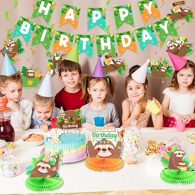 Sloth Birthday Party Decorations Set Sloth Theme Happy Birthday Banner Cake Toppers and 3 Pieces Honeycomb Table Centerpiece for Baby Shower