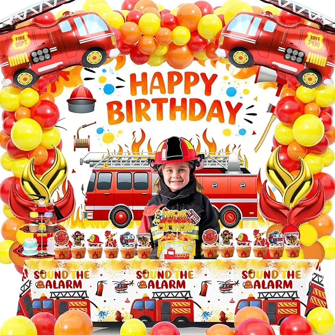 Fire Truck Birthday Party Decorations Kit – Firefighter Party Supplies with Happy Birthday Backdrop, Table Cover, Cake Toppers and Foil & Colorful Balloons for Kids Rescue Theme Party