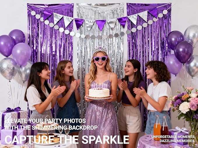 3 Packs Purple Silver Foil Fringe Curtains, Birthday Party Decorations Backdrop Tinsel Steamer, Wedding Engagement Bridal Shower Party Decorations Retirement Decor Graduation Party Backdrop