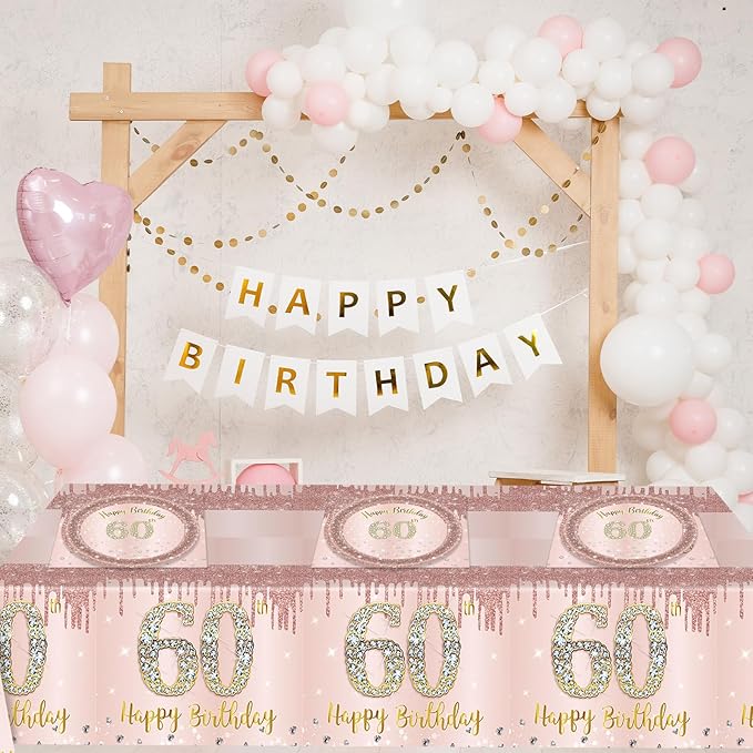 41Pcs 60th Birthday Decorations - Rose Gold Party Supplies Include Plates, Napkins and Tablecloth for Sweet Sixty Celebration
