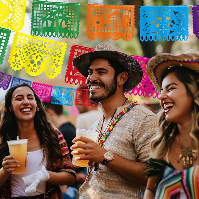 6 PCS Cinco De Mayo Banner, 110FT Colorful Fiesta Party Decorations, Plastic Hanging Papel Picado Mexican Banner for Dia De Los Muertos Decorations Day of Dead Altar Kit Fiesta Decor Party Favor