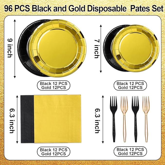 96Pcs Black and Gold Birthday Party Decorations Black and Gold Paper Plates and Napkins Sets Tablewares Dinnerwares for Graduation Wedding Birthday Baby Shower Party Supplies 24 Guest