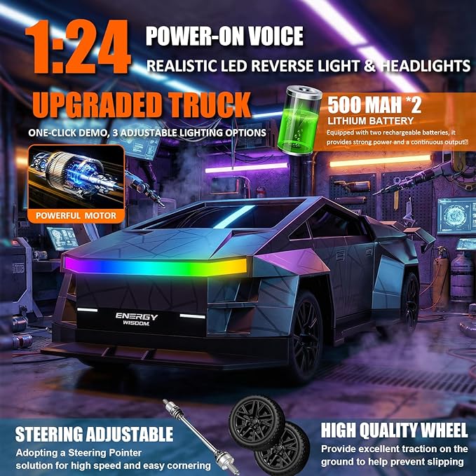 Remote Control Car/RC Truck – 2.4 GHz All-Terrain Cyber Vehicles with One-Touch Demo and Three Adjustable LED Light Effects, Off-Road Pick-Up Hobby Monster Truck Toys Gifts for Boys/Girls Aged 3+