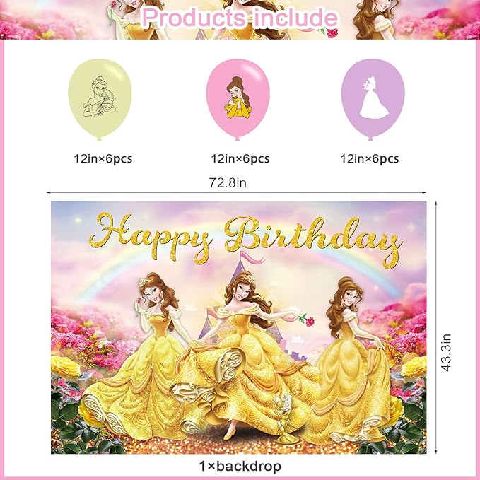 Princess Belle Birthday Party Decoration,Photo Background 5 x 3 FT, 18 Pcs Balloons,Beauty and Beast Merch Party Backdrop Supplies