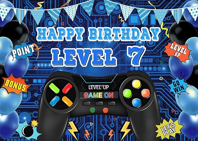 Game Theme Level 7 Birthday Backdrop Video Game Happy 7th Birthday Party Decorations Level Up Theme Boys Kids Birthday Party Supplies(7×5FT)