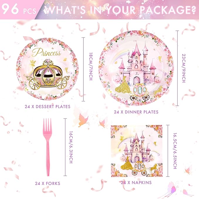 CANREVEL 96 PCS Princess Party Plates Serve 24, Princess Plates and Napkins Forks Set, Disposable Tableware for Birthday Supplies Party Decorations for Grils Kids Women