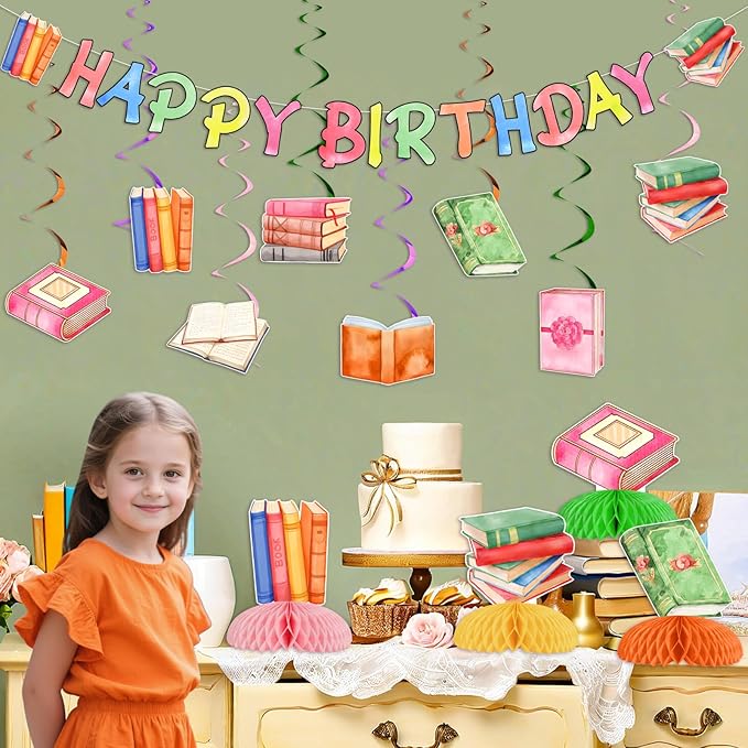 Book Birthday Party Decorations Reading Birthday Honeycomb Centerpieces Reading Ceiling Streamers I Love Reading Happy Birthday Party Banner for Library Books Club Party Supplies