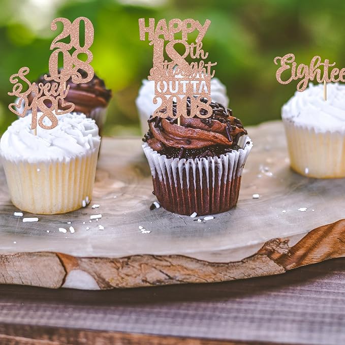 30PCS 18th Birthday Cupcake Toppers Glitter Eighteen Happy 18th Straight Outta 2008 Cupcake Picks for Cheers to 18 Years Birthday Wedding Anniversary Party Decoration Supplies Rose Gold