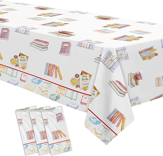 Book Themed Party Decorations Tablecloth, Disposable Book Club Birthday Party Supplies Tablecover, Library Reading Theme Baby Shower Table Cloth, 3 Pcs, 54in x 108in