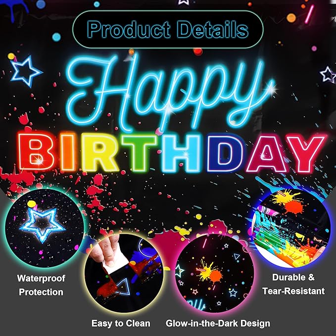 Kochorie 2 Pack Glow in The Dark Birthday Tablecloth 54 x 108 Inch Neon Disposable Plastic Table Cover Graffiti Paint Glow Table Cloths for Black Light Party, Let's Glow Birthday Decorations