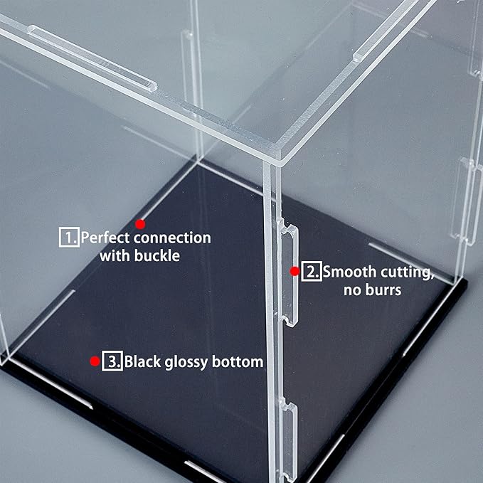 FINGERINSPIRE Acrylic Box with Black Stand and Rubber Band, 4x4x6 inch Cube Clear Acrylic Display Cases for Collectibles, Self-Assembly Dustproof Countertop Box for Toys and Collections