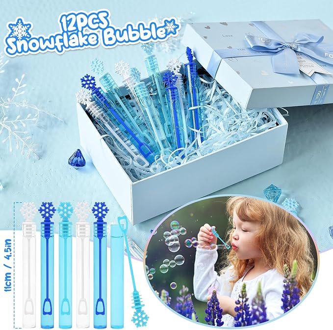 Golray 98pcs Snow Party Favors Birthday Supplies for Girls Kids Snowflake Straw Bubble Wands Sticker Toy Prize Filler Goodie Bag Stuffer Winter Girl Party Favors