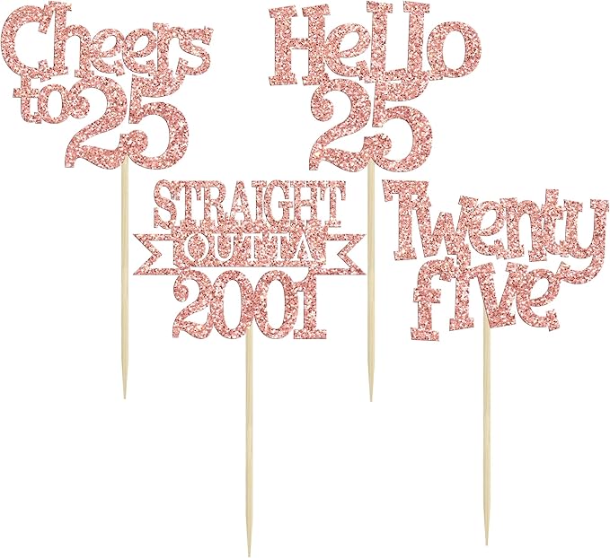 Ephlyn 24Pcs 25th Birthday Cupcake Toppers Glitter Straight Outta 2001 Cupcake Picks Hello 25 Cheers to 25 Years Cake Decorations for 25th Birthday Anniversary Party Decorations Supplies Rose Gold
