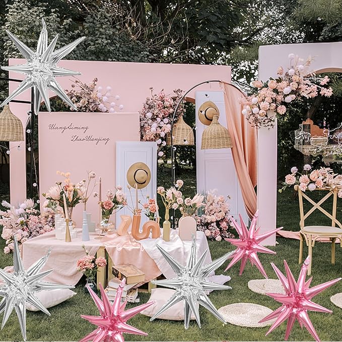 6 Pcs Silver Star Foil Balloons One-Piece 14-Pointed Star Balloon 4D Starburst Cone Mylar Balloon 22inch Christmas Birthday Wedding Wedding Anniversary Party Supplies (Silver + Pink)