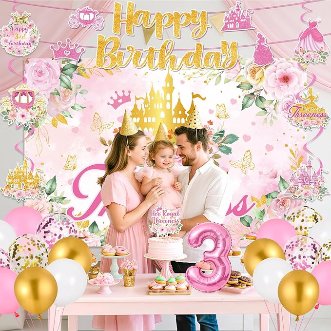 Princess 3rd Birthday Party Decorations, Her Royal Threeness Birthday Banner Pink Princess Backdrop Banner Hanging Swirls Balloons Cake Topper for 3 Years Old Girl Bday Party Supplies