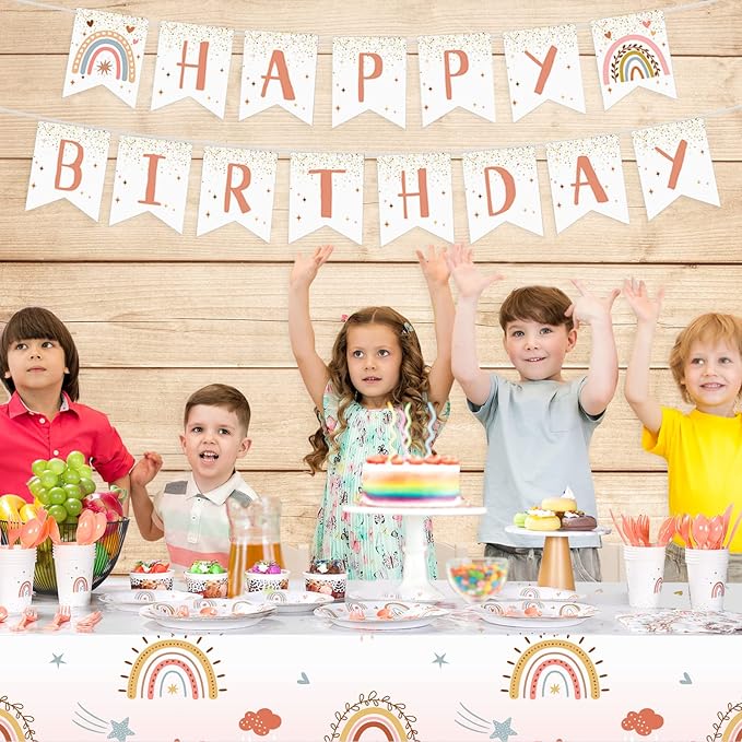 Hestya 145 Pcs Boho Birthday Party Supplies Include Rainbow Plates Tablecloth Cups Napkins Knives Forks Spoon Boho Happy Birthday Banner for Rainbow Baby Shower Party Decoration Supplies for 20 Guests