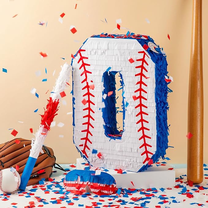 HyDren Baseball Piñata Baseball Party Decorations Number Piñata with Bat, Blindfold and Confetti, 16 Inch Sports Themed Birthday Party Supplies for Celebration Events(Number 0)