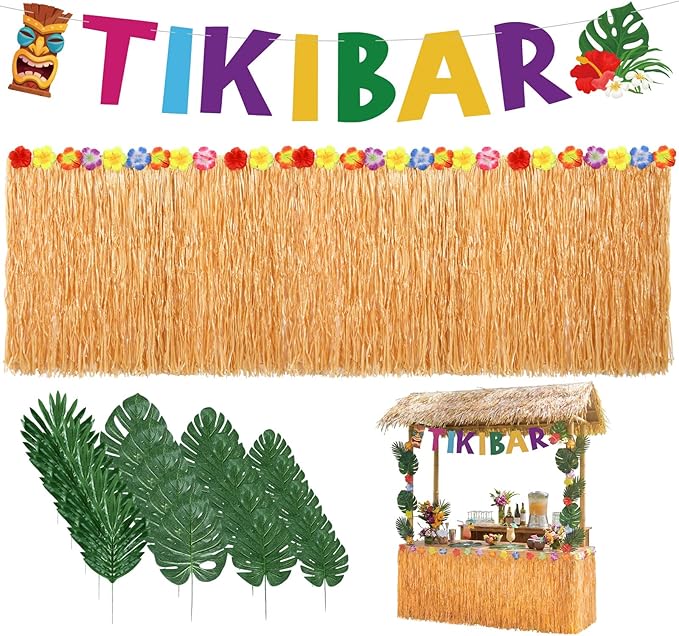 22 Pcs Tiki Bar Hut Kit with Banner 20 Realistic Palm Leaves and Gold Grass Table Skirt 108 x 29.5 in Tropical Luau Tiki Bar Decorations for Hawaiian Party Beach Pool Summer Luau Party Supplies