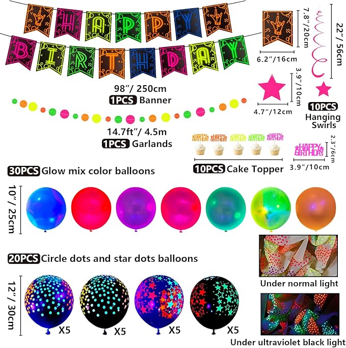 Glow Neon Party Supplies - Neon Balloon, Glow in the Dark Happy Birthday Banner, Hanging Swirls, Cake Topper, Tablecloth, Plates, Napkins, Cup for Blacklight Party Decorations, Serves 20 Guest