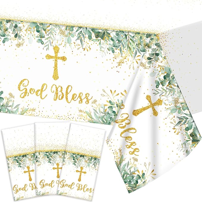 3Pcs God Bless Baptism Tablecloth First Communion Holy Tablecloth Decorations Mi Bautizo Christening Table Cover Disposable Tablecloths for Boys Girls Newborn Baby Shower Party Supplies 54 x 108 inch