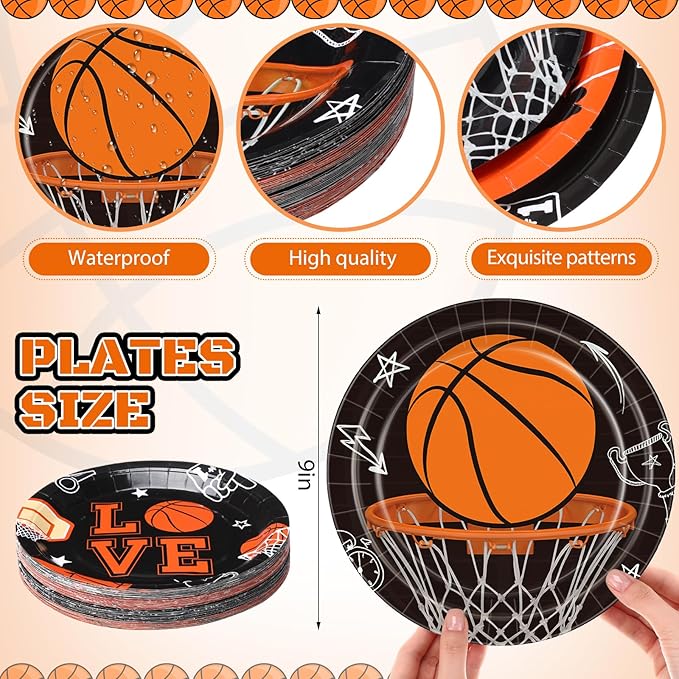 60 Pcs Basketball Paper Plates 9 Inch Sports Theme Birthday Disposable Plates for Kids Boys Adults Game Day Basketball Birthday Team Party Decorations Supplies