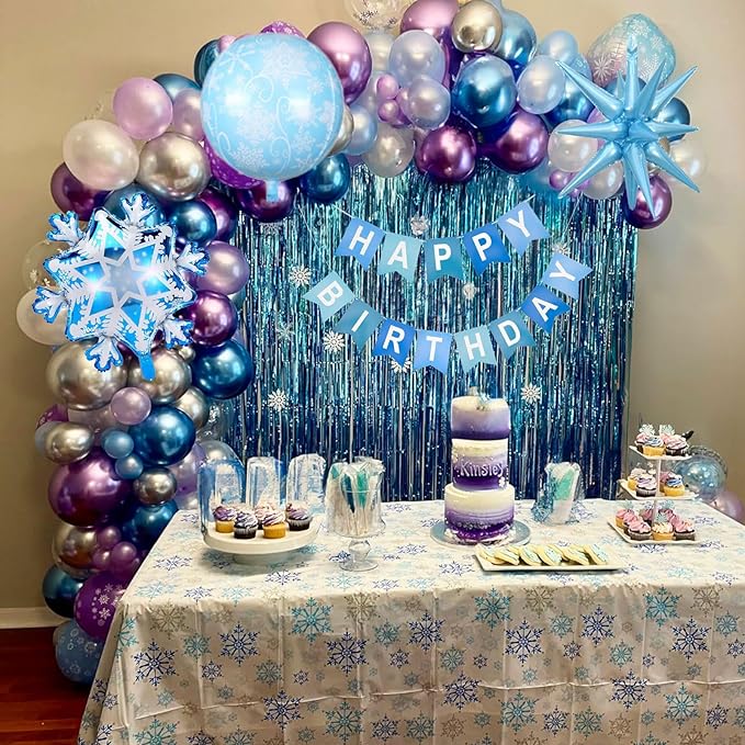 Winter Snow Birthday Party Decorations, 4D Snowflake Winter Wonderlan Balloon Garland Arch Kit Blue Purple Silver Balloons for Princess Baby Its Cold Outside Onderland Birthday Party Decoration
