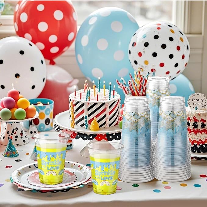 Qinyoung 50 Pcs 16 oz Donut Sprinkle Cups for Donut Baby Shower Decorations Baby Shower Cups Plastic Disposable Drinking Cups Donut Birthday Party Supplies